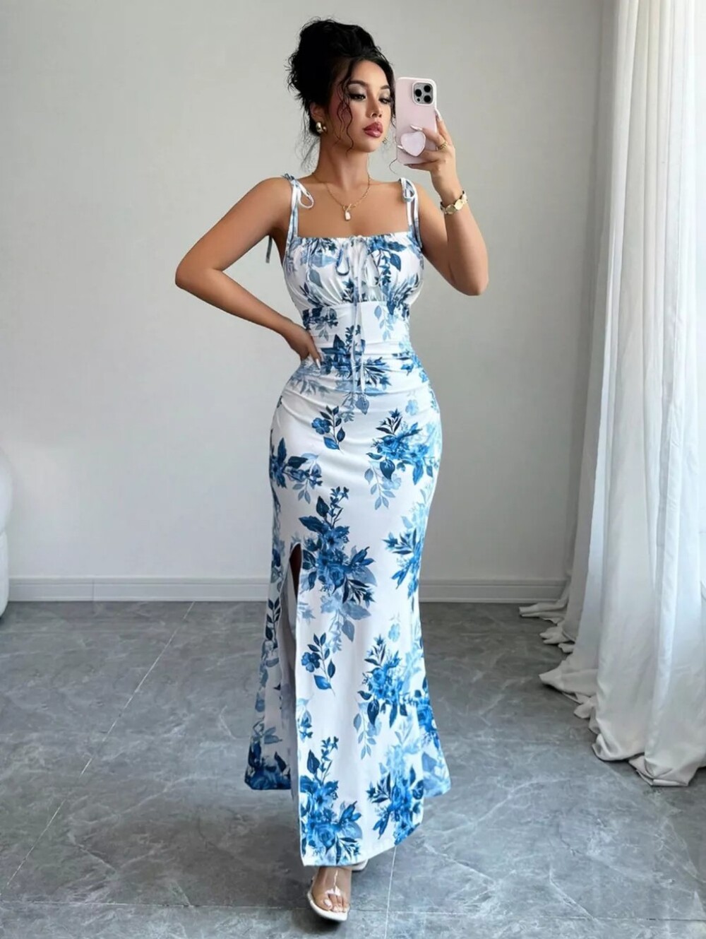 White & Blue Floral Tie Shoulder Maxi Slit Dress